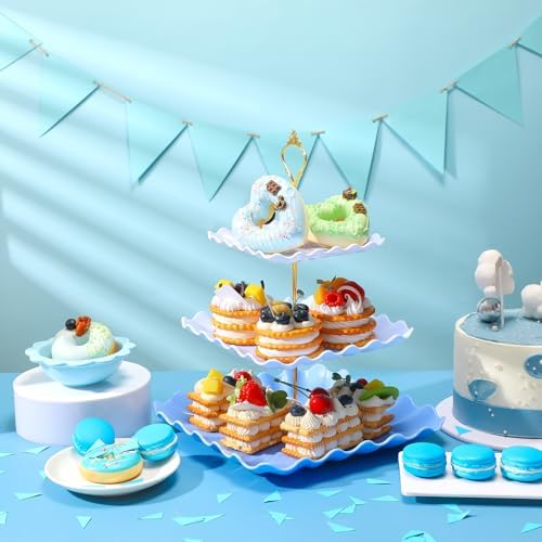 2 Pack Scalloped Cupcake Stand Dessert Plates Plastic Square Tiered Serving Stand Display Tower for Wedding, alternate view 2
