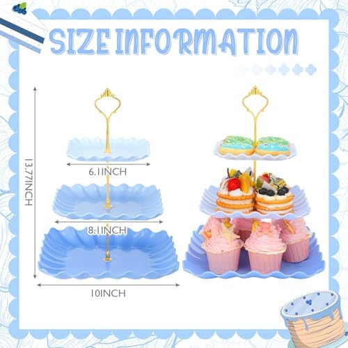 2 Pack Scalloped Cupcake Stand Dessert Plates Plastic Square Tiered Serving Stand Display Tower for Wedding, alternate view 3