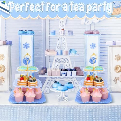 2 Pack Scalloped Cupcake Stand Dessert Plates Plastic Square Tiered Serving Stand Display Tower for Wedding, alternate view 4