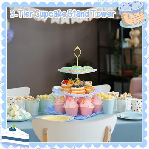 2 Pack Scalloped Cupcake Stand Dessert Plates Plastic Square Tiered Serving Stand Display Tower for Wedding, alternate view 6