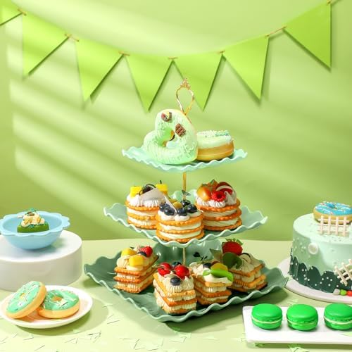 2 Pack Scalloped Cupcake Stand Dessert Plates Plastic Square Tiered Serving Stand Display Tower for Wedding, alternate view 2