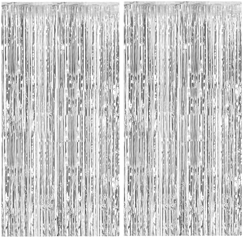 2 Pack Silver Backdrop Curtain Party Decorations Foil Fringe Backdrop Silver Tinsel Streamers Birthday