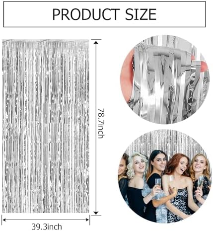 2 Pack Silver Backdrop Curtain Party Decorations Foil Fringe Backdrop Silver Tinsel Streamers Birthday, alternate view 3
