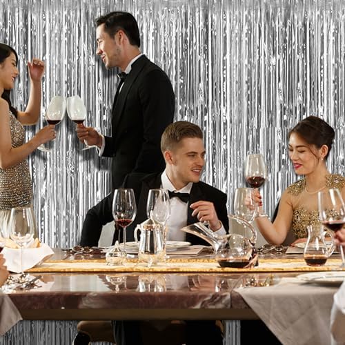 2 Pack Silver Backdrop Curtain Party Decorations Foil Fringe Backdrop Silver Tinsel Streamers Birthday, alternate view 7