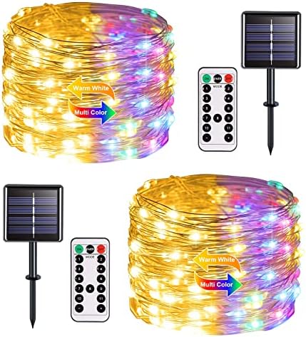 2 Pack Solar Christmas Lights Outdoor Waterproof, 100 LED 33ft Warm White and Multicolor Color Changing Solar