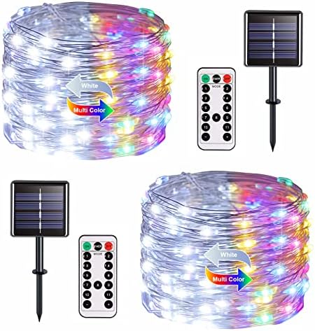 2 Pack Solar Christmas Lights Outdoor Waterproof, 100 LED 33ft White and Multicolor Color Changing Solar Fairy