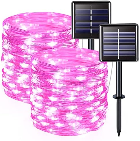 2 Pack Solar Fairy Lights, 33ft 100 LED Solar String Lights, Pink in Pink