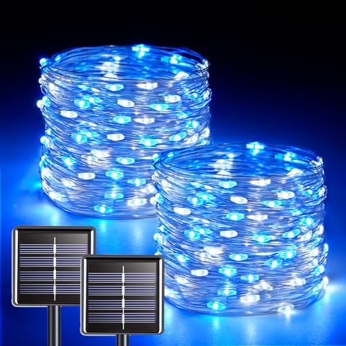 2 Pack Solar Fairy Lights, Each 33FT 100 LED, Blue and White