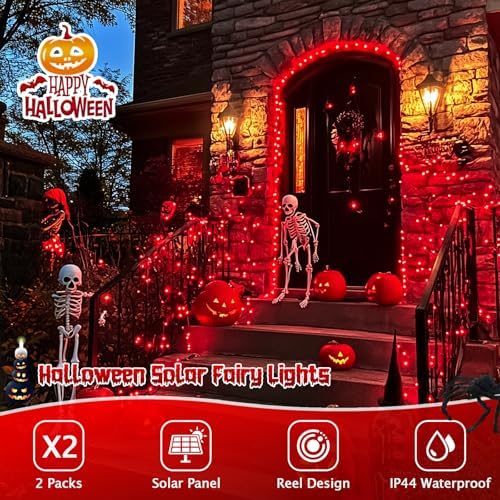 2 Pack Solar Fariy Lights, Each 33FT 100 LED Red Halloween Lights, alternate view 3