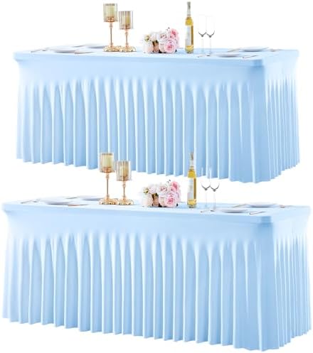 2 Pack Spandex Baby Blue Fitted Table Cloth for 8ft Rectangle Tables Light Blue Stretch Tablecloth Banquet Table