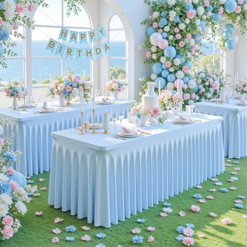 2 Pack Spandex Baby Blue Fitted Table Cloth for 8ft Rectangle Tables Light Blue Stretch Tablecloth Banquet Table, alternate