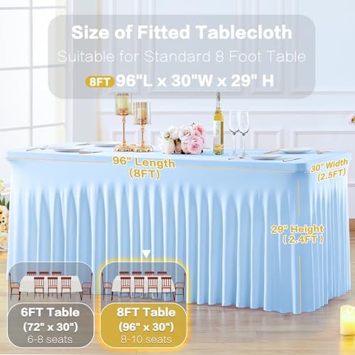 2 Pack Spandex Baby Blue Fitted Table Cloth for 8ft Rectangle Tables Light Blue Stretch Tablecloth Banquet Table, alternate