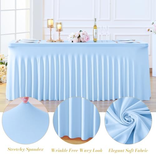 2 Pack Spandex Baby Blue Fitted Table Cloth for 8ft Rectangle Tables Light Blue Stretch Tablecloth Banquet Table, alternate