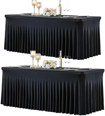 2 Pack Spandex Black Fitted Table Cloth for 6ft Rectangle Tables Black Stretch Tablecloth Table Covers Skirt