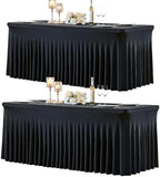 2 Pack Spandex Black Fitted Table Cloth for 6ft Rectangle Tables Black Stretch Tablecloth Table Covers Skirt