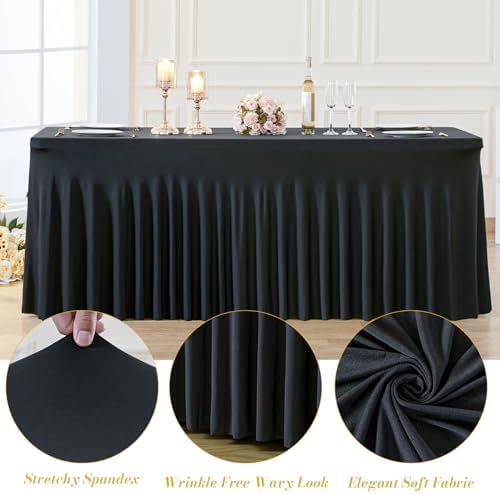 2 Pack Spandex Black Fitted Table Cloth for 6ft Rectangle Tables Black Stretch Tablecloth Table Covers Skirt, alternate view