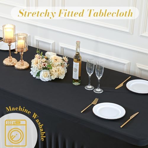 2 Pack Spandex Black Fitted Table Cloth for 6ft Rectangle Tables Black Stretch Tablecloth Table Covers Skirt, alternate view