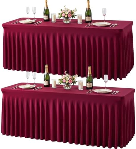 2 Pack Spandex Burgundy Fitted Table Cloth for 8ft Rectangle Tables Burgundy Stretch Tablecloth Table Covers