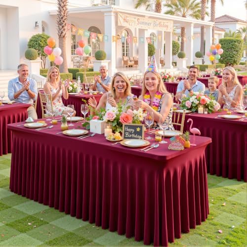 2 Pack Spandex Burgundy Fitted Table Cloth for 8ft Rectangle Tables Burgundy Stretch Tablecloth Table Covers, alternate view