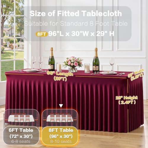 2 Pack Spandex Burgundy Fitted Table Cloth for 8ft Rectangle Tables Burgundy Stretch Tablecloth Table Covers, alternate view