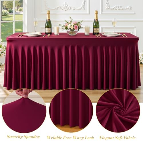 2 Pack Spandex Burgundy Fitted Table Cloth for 8ft Rectangle Tables Burgundy Stretch Tablecloth Table Covers, alternate view