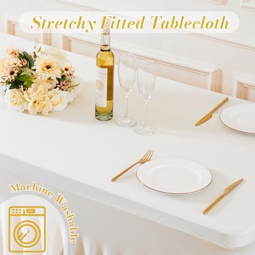 2 Pack Spandex Ivory Fitted Table Cloth for 6ft Rectangle Tables Ivory Stretch Tablecloth Banquet Table Covers, alternate