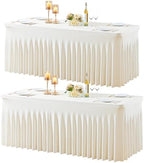 2 Pack Spandex Ivory Fitted Table Cloth for 8ft Rectangle Tables Ivory Stretch Tablecloth Banquet Table Covers