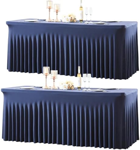 2 Pack Spandex Navy Blue Fitted Table Cloth for 8ft Rectangle Tables Navy Blue Stretch Tablecloth Banquet Table