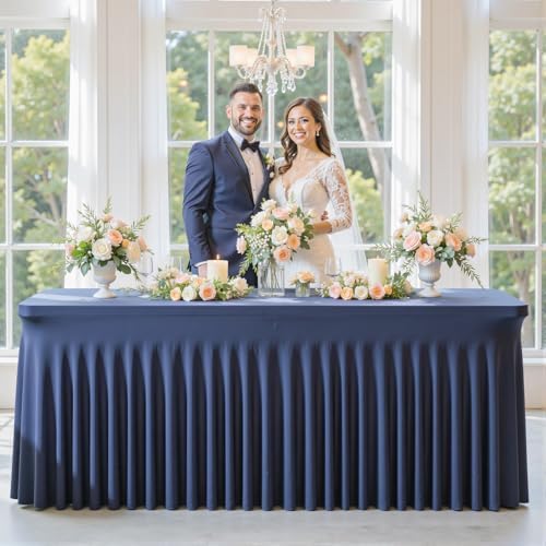 2 Pack Spandex Navy Blue Fitted Table Cloth for 8ft Rectangle Tables Navy Blue Stretch Tablecloth Banquet Table, alternate