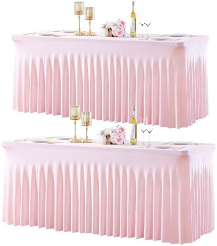 2 Pack Spandex Pink Fitted Table Cloth for 8ft Rectangle Tables Pink Stretch Tablecloth Table Covers Skirt
