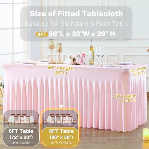 2 Pack Spandex Pink Fitted Table Cloth for 8ft Rectangle Tables Pink Stretch Tablecloth Table Covers Skirt, alternate view 5