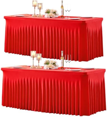 2 Pack Spandex Red Fitted Table Cloth for 6ft Rectangle Tables Red Stretch Tablecloth Table Covers Skirt Banquet