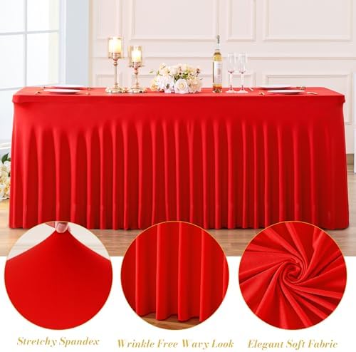 2 Pack Spandex Red Fitted Table Cloth for 6ft Rectangle Tables Red Stretch Tablecloth Table Covers Skirt Banquet, alternate