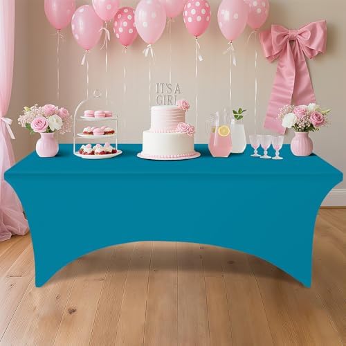 2 Pack Spandex Table Cloth 4FT, Elastic Fitted Teal Tablecloth in Teal, alternate view 6