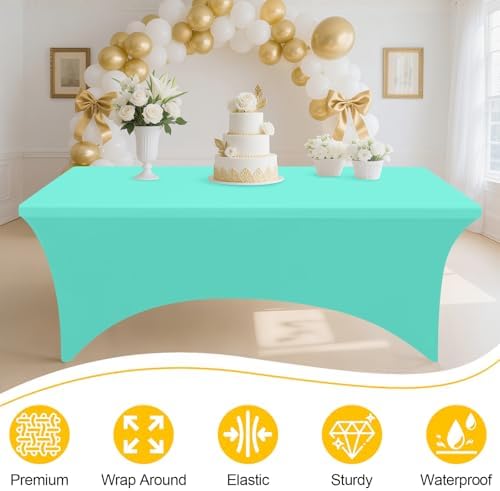 2 Pack Spandex Table Cloth 6FT, Elastic Fitted Aqua Tablecloth in Aqua, alternate view 2