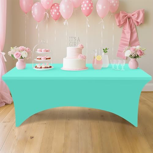 2 Pack Spandex Table Cloth 6FT, Elastic Fitted Aqua Tablecloth in Aqua, alternate view 5