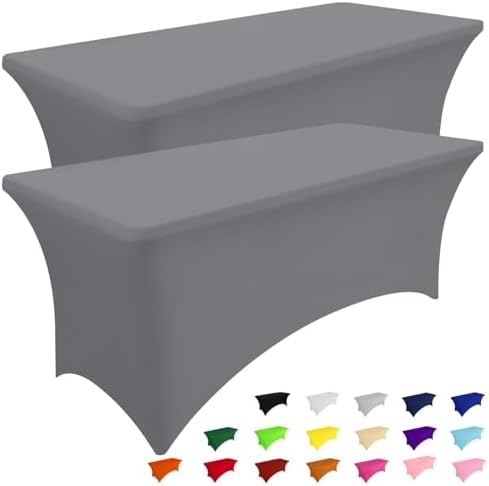 2 Pack Spandex Table Cloth 6FT, Elastic Fitted Grey Tablecloth in Grey