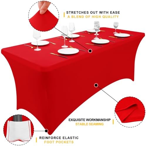 2 Pack Spandex Table Cloth 6FT, Elastic Fitted Red Tablecloth in Red, alternate view 3
