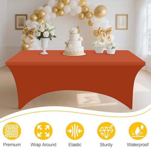 2 Pack Spandex Table Cloth 6FT, Elastic Fitted Rust Tablecloth in Rust, alternate view 3