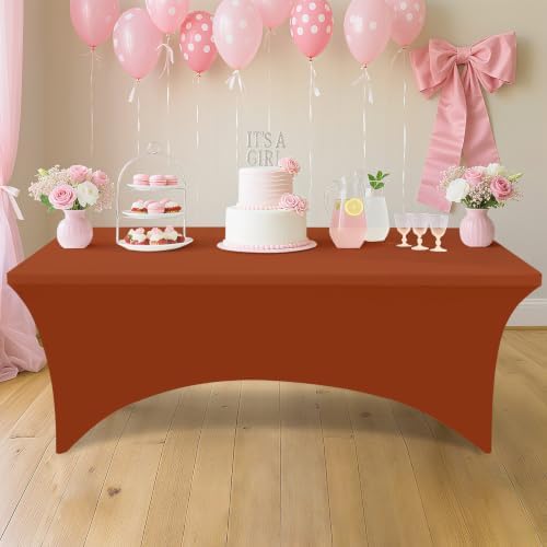 2 Pack Spandex Table Cloth 6FT, Elastic Fitted Terracotta Tablecloth in Terracotta, alternate view 6