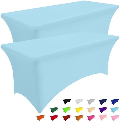2 Pack Spandex Table Cloth 8FT, Elastic Fitted Baby Blue Tablecloth in Baby Blue