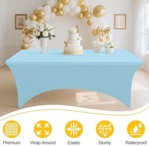 2 Pack Spandex Table Cloth 8FT, Elastic Fitted Baby Blue Tablecloth in Baby Blue, alternate view 3