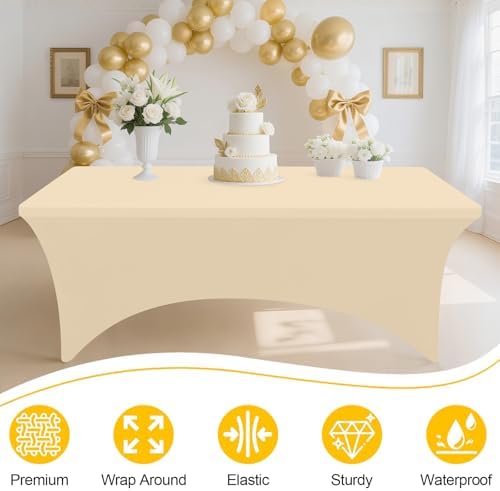 2 Pack Spandex Table Cloth 8FT, Elastic Fitted Champagne Tablecloth in Champagne, alternate view 2