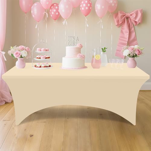 2 Pack Spandex Table Cloth 8FT, Elastic Fitted Champagne Tablecloth in Champagne, alternate view 5