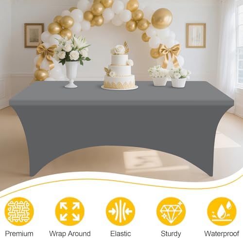2 Pack Spandex Table Cloth 8FT, Elastic Fitted Grey Tablecloth in Grey, alternate view 3