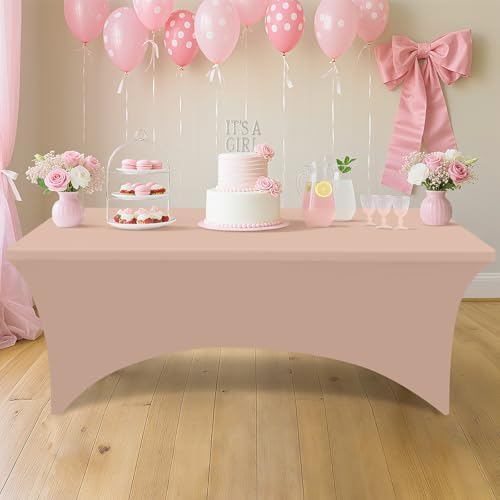 2 Pack Spandex Table Cloth 8FT, Elastic Fitted Nude Tablecloth in Nude, alternate view 6