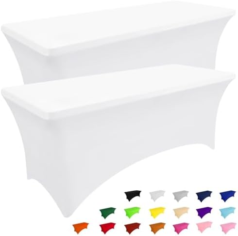 2 Pack Spandex Table Cloth 8FT, Elastic Fitted White Tablecloth in White