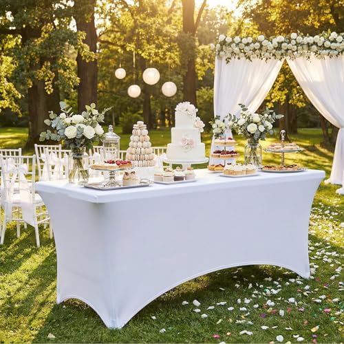 2 Pack Spandex Table Cloth 8FT, Elastic Fitted White Tablecloth in White, alternate view 2