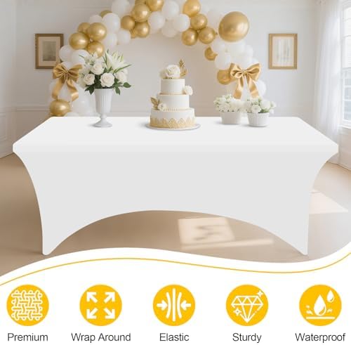 2 Pack Spandex Table Cloth 8FT, Elastic Fitted White Tablecloth in White, alternate view 4