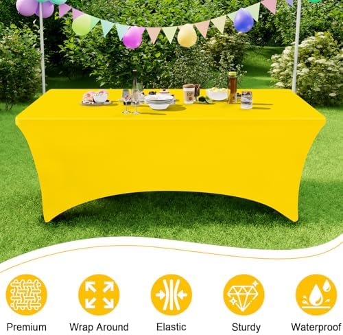 2 Pack Spandex Table Cloth 8FT, Elastic Fitted Yellow Tablecloth in Yellow, alternate view 4